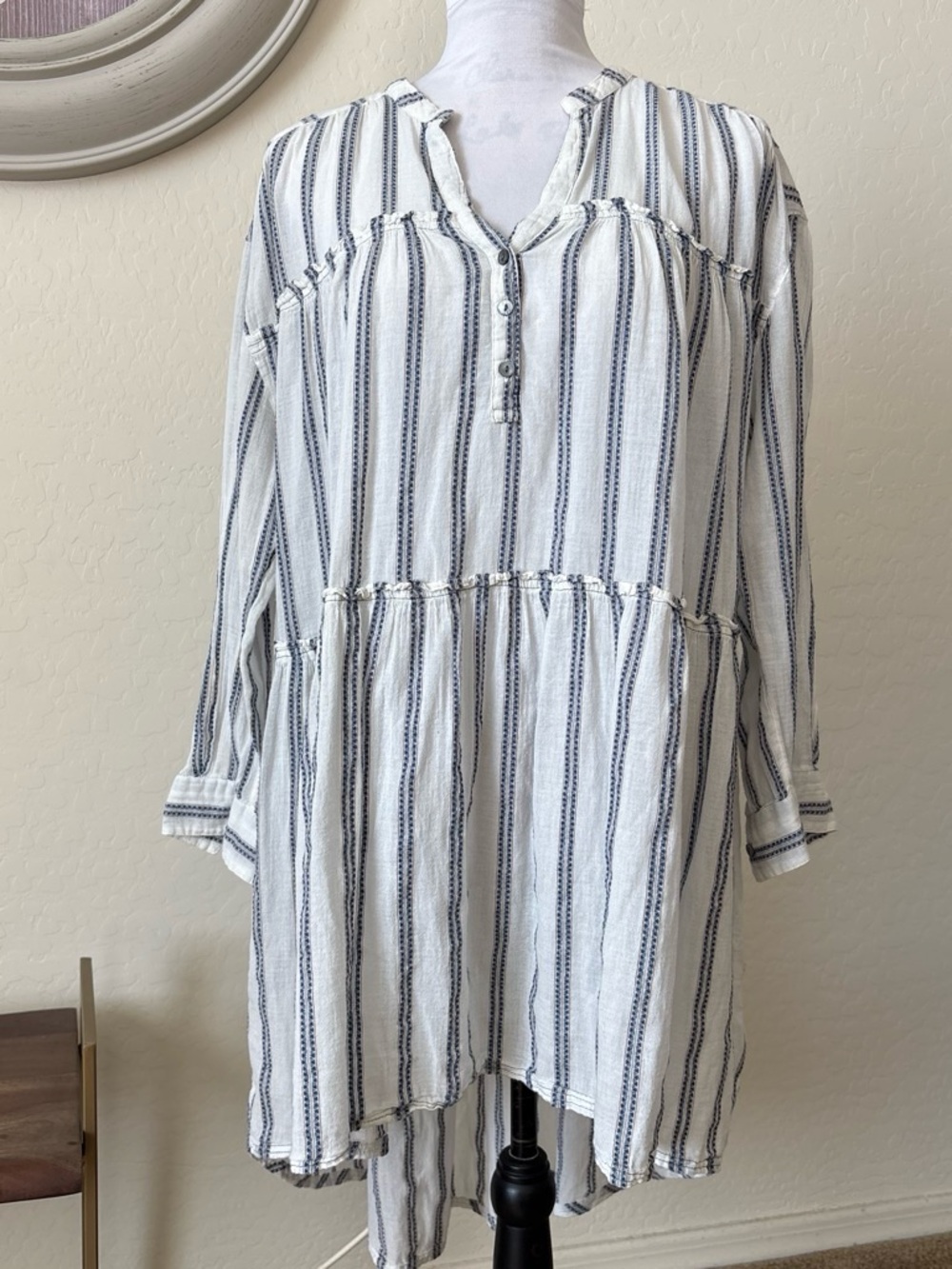 Sundance White & Blue Striped Semi Sheer Button Front LS Hi/Low Peasant Dress L